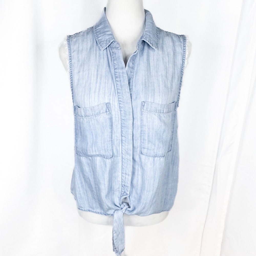 Cloth & Stone Anthropologie Tank Top M Chambray Tencel Tie Front Button Up EUC
